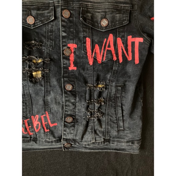 DEMOLITION Men's Distressed Black Denim Jacket Red Graphic Ripped Punk Size M - Picture 3 of 15